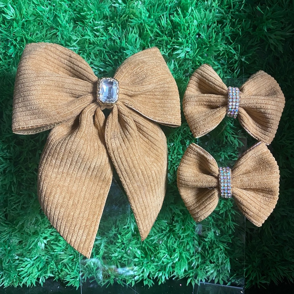 Corduroy brown bow set/ Set de moño pana color cafe